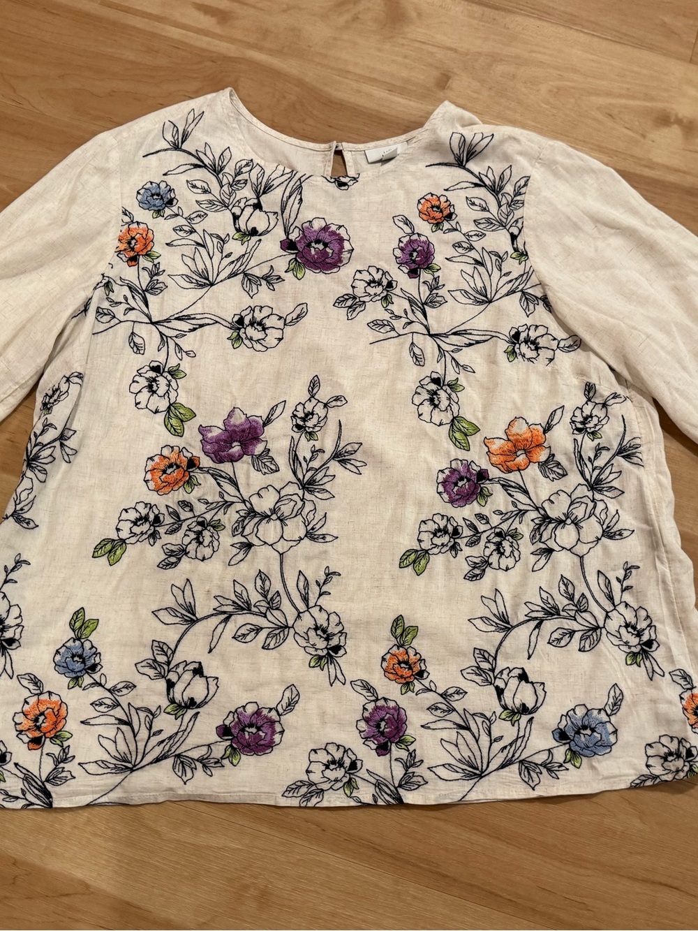 J. Jill Garden Floral Three Quarter Sleeve Embroidered Shirt XL Linen Blend